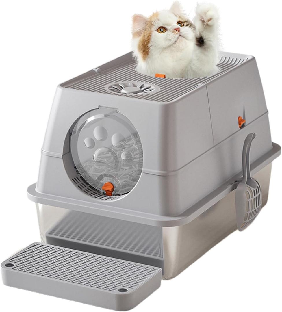 Stainless Steel Litter Box with Lid, Large Kitty Box, Enclosed Metal Litter Box with Removable Top & Litter Scoop, Tall Covered Dog Proof, Odor Free, Grey 15.35'' (Light Gray)