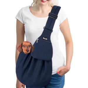 SlowTon Dog Carrier Sling - Thick Padded Shoulder Strap Adjustable Dog Carriers for Small Dogs, Puppy Carrier Purse for Pet Cat with Front Zipper Pocket Safety Belt Machine Washable (Dark Blue, L) (F-Navy Knitted Fabric)