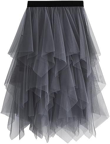 Reaowazo Tulle Skirts for Women Midi Long Fairy Skirt Tutu A-Line Mesh Layered High Elastic Waist Halloween Skirts S