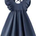 Dutebare Toddler Baby Girl Dress Cotton Linen Ruffle Halter Sleeveless Dresses Kids Summer Sundress (Blue)