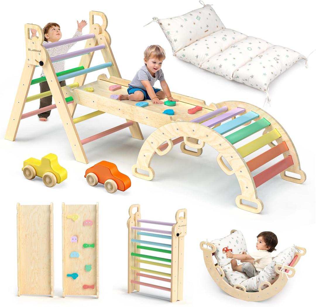 BlueWood Pikler Triangle Set with Cushion - Climbing Toys for Toddlers 9-in-1, Montessori Philosophy Play Jungle Gym with Arch, Ramp, Ladder (Rainbow)