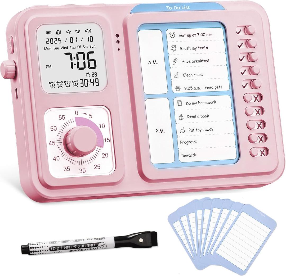 3-in-1 Visual Timer & ADHD Tool for Kids|Adults, Task Timer with Chore Chart Board, Visual Schedule for Kids with Autism, Daily Checklist for Home, School, Classroom, Desk (Pink)
