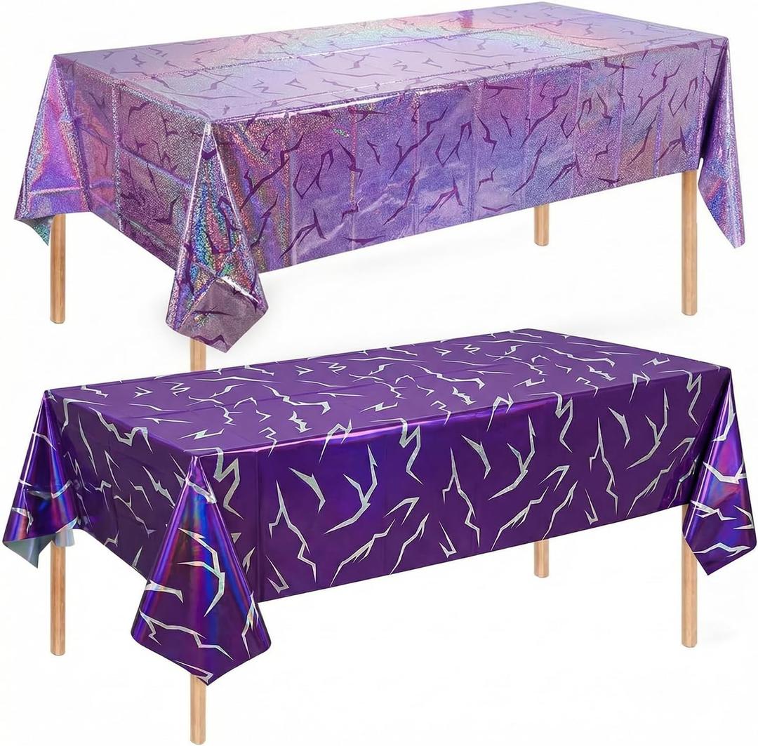 K-Style Birthday Decorations Iridescent Holographic Laser Tablecloth 2 Pack Purple Lightning Pattern Disposable Waterproof Plastic Table Covers for Girls Disco Bachelorette Party Supplies, 54x108 Inch