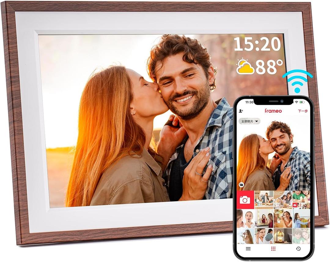 Frameo 10.1 Inch WiFi Digital Picture FrameElectronic Frame,1280 * 800IPS HD Cloud Smart Digital Photo Frame,32GB Storage, Wall Mountable, Auto-Rotate,Easy to Share Photos or Videos via FRAMEO APP (Wood grain color)