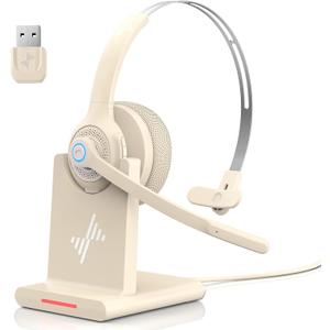 Bluetooth Headset - Wireless Headset with Noise Cancelling Microphone, V5.2 Computer Headphones with USB Dongle, Charging Base & Mic Mute for Work/Call Center/PC/Laptop/Online Class/Zoom (Apricot)