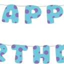 Anime Happy Birthday Banner, Blue and Purple Dots Print Paper Garland for Kids Boys Girls Birthday Party Decorations Cartoon Theme Party Supplies, Assembly Required