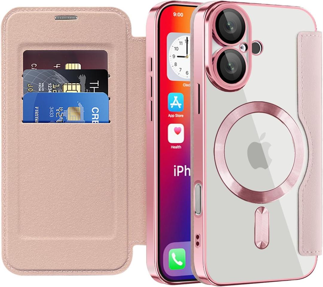 Dteck for iPhone 16 Case 6.1" 2024, Clear Back Magnetic Flip Wallet Phone Case with RFID Blocking Card Slots & Camera Lens Protector, Compatible with MagSafe, PU Leather Fold Cover with Stand, Pink
