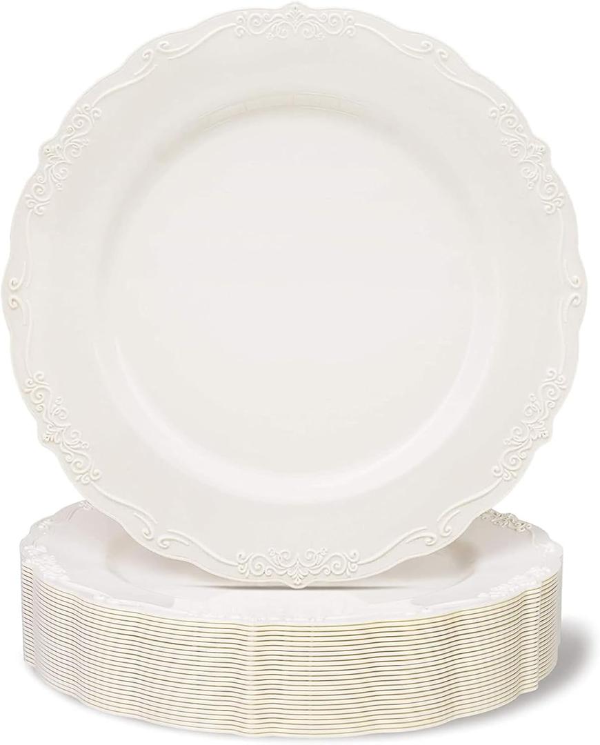 Juvale Disposable Plastic Dinner Plates - Cream Disposable Dinnerware for Weddings & Bridal Showers - Vintage Plastic Dinner Plates for Weddings & Parties - 10 in, Pack of 25, Cream