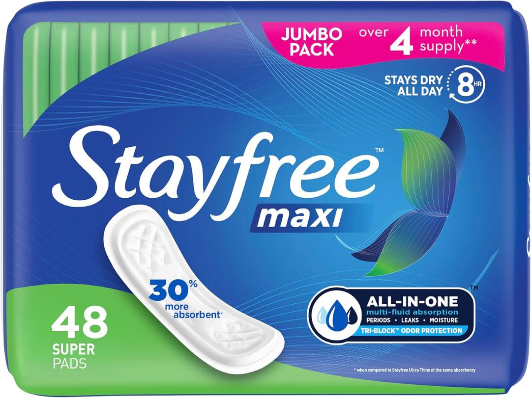 Stayfree Maxi Super Long Wingless Reliable Protection and Absorbency Pads For Women, 48 Count (Pack of 1)