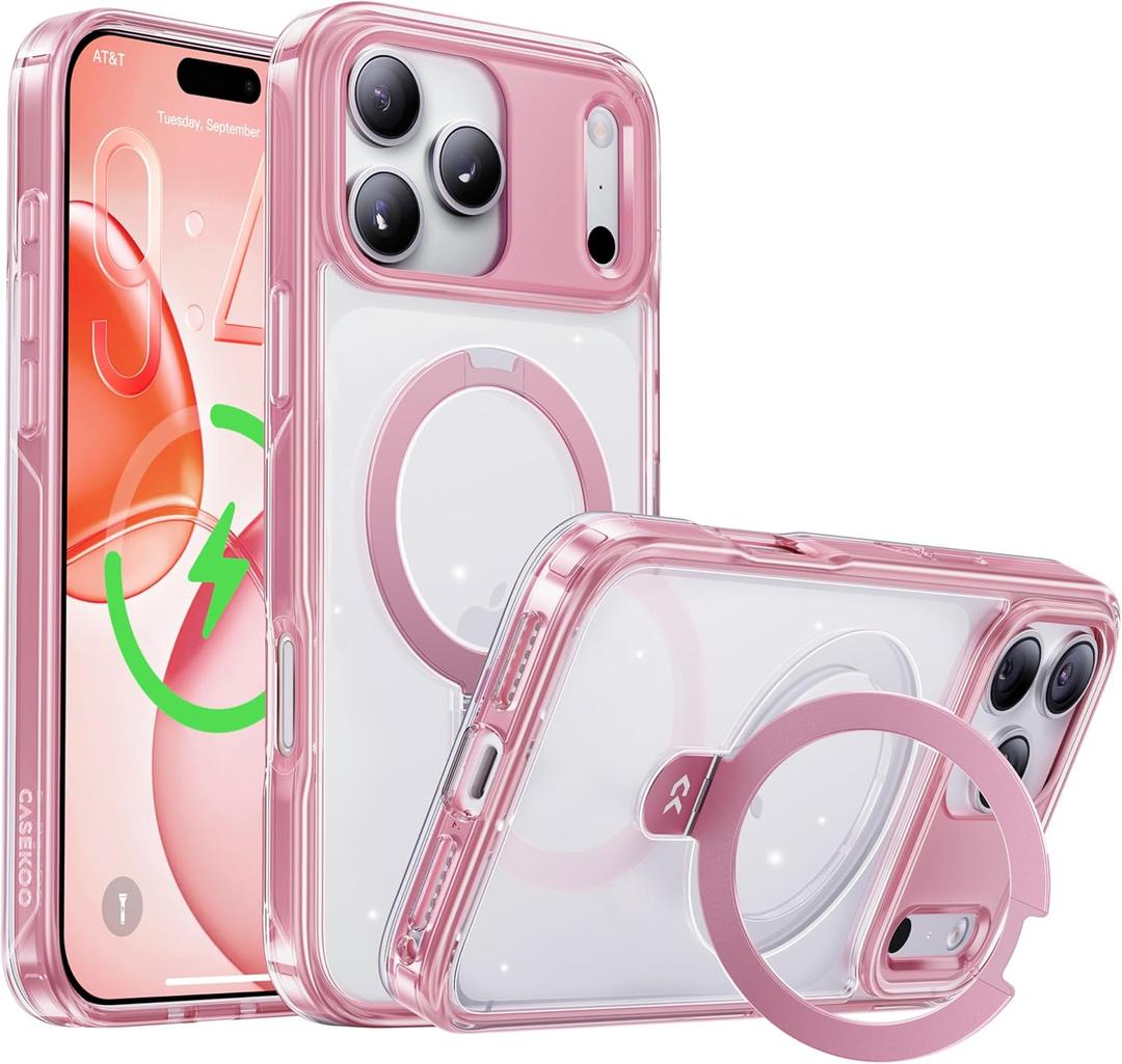 CASEKOO Pink for iPhone 17 Pro Max Case with Ultra Magnetic Stand, Fit for MagSafe, 16FT Military Grade Protection, Kickstand for Viewing & Work, Clear Back, Pink