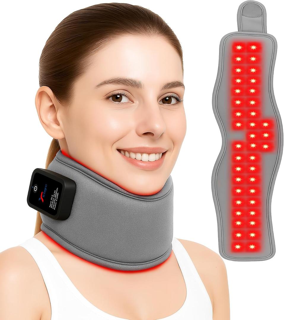 Red Light Therapy Neck Brace - 660nm Red & 850nm Infrared LED Heated Cervical Collar for Neck Pain Relief & Support, Adjustable Wireless Cervical Collar for Office, Sleeping, at-Home Therapy (Grey)