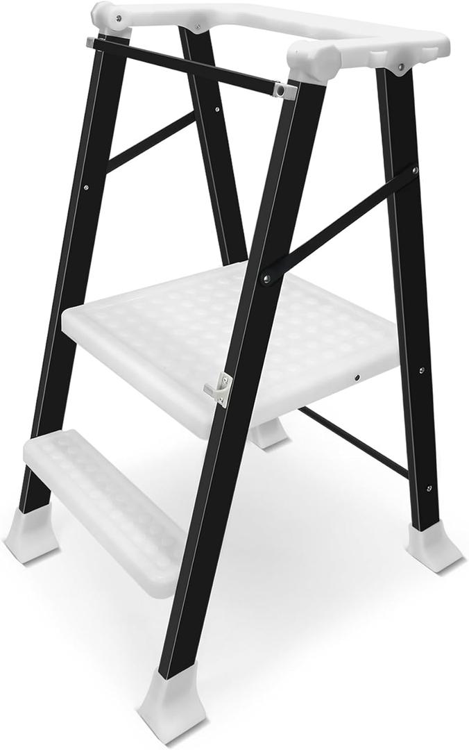 SDADI Foldable Toddler Step-Up Stool  2-Step Standing Tower for Ages 18M-6Y, Compact Folding Design, Safe & Stable for Kitchen & Bathroom Use (Translucent White & Black)