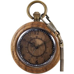 Tiong Wooden Pocket Watch,Engraved Wooden Pocket Watches for Men Handmade Bamboo Wood Analog Quartz Pocket Watch with Chain Gift for Father's Day (dark brown)