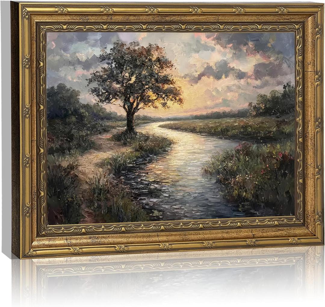 Canvas Wall Art Framed,River Tree Sunset Landscape Painting, Vintage Gold Framed Picture Poster Prints Artwork for Home Wall Decor,12x16 Inch
