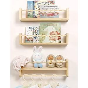 Maxpeuvon Nursery Floating Shelves for Wall, Set of 1 Book Shelves Natural Wood Wall Mounted Organizer with Towel Bar Hanging Bookshelves Nursery Decor for Kids Room, Bedroom and Kitchen