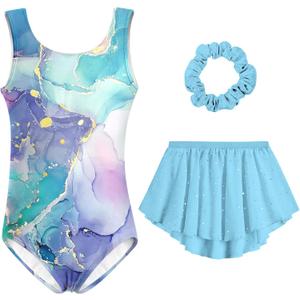 Idgreatim Girls Gymnastic Leotard Ballet Dance Dress Outfit with Removable Skirt Hair Scrunchie Combo 4-11 Years (Blue Print)