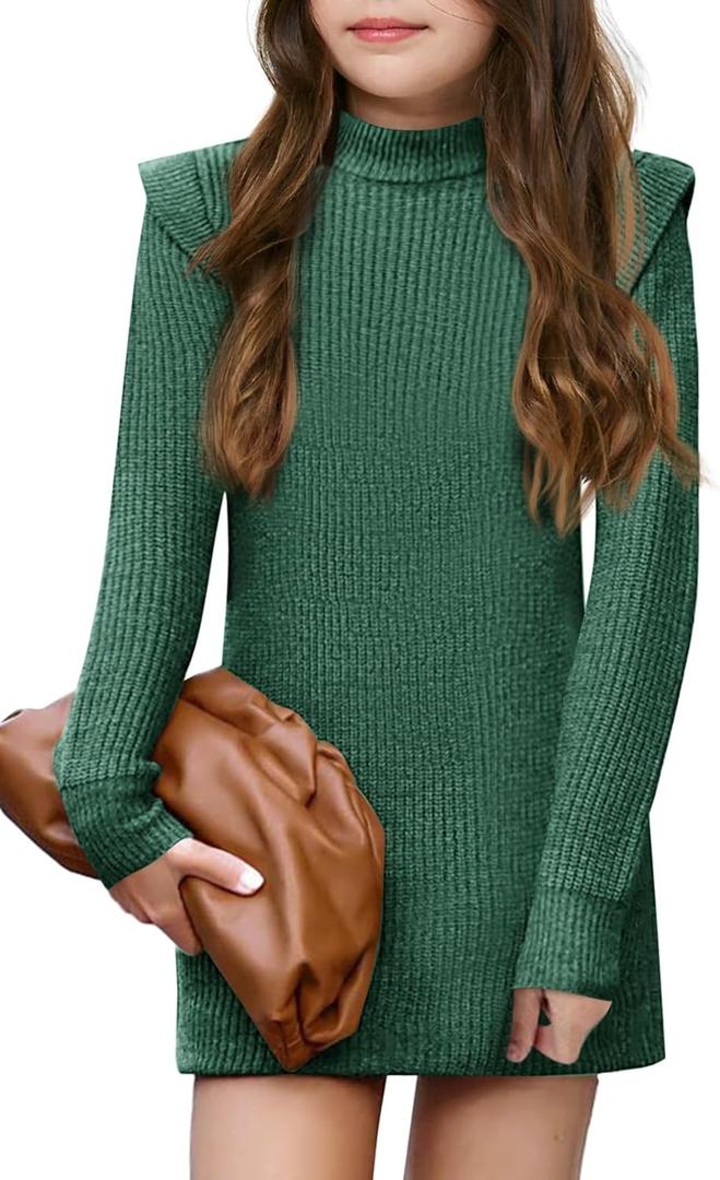 Haloumoning Girls Long Sleeve Sweater Dress Kids Casual Crewneck Knitted Pullover Jumpers 5-14 Years (7-8 Years, Green)
