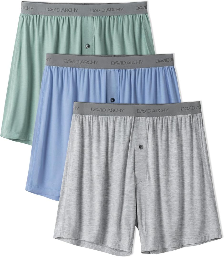 DAVID ARCHY Mens Underwear Bamboo Rayon Boxers for Men Breathable and Cool Men's Boxer Shorts with Button Fly 3 Pack (A5, Blue/Light Green/Heather Gray)