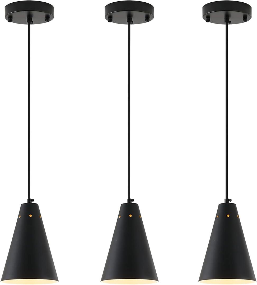 Dijiahua Black Pendant Lights 3 Pack for Kitchen Island,Small Modern Industrial Chandeliers with Cone Metal Shade,Mini Adjustable Cord Hanging Lighting Fixtures for Over Sink,Bar,Dining Room, 3Pack Black