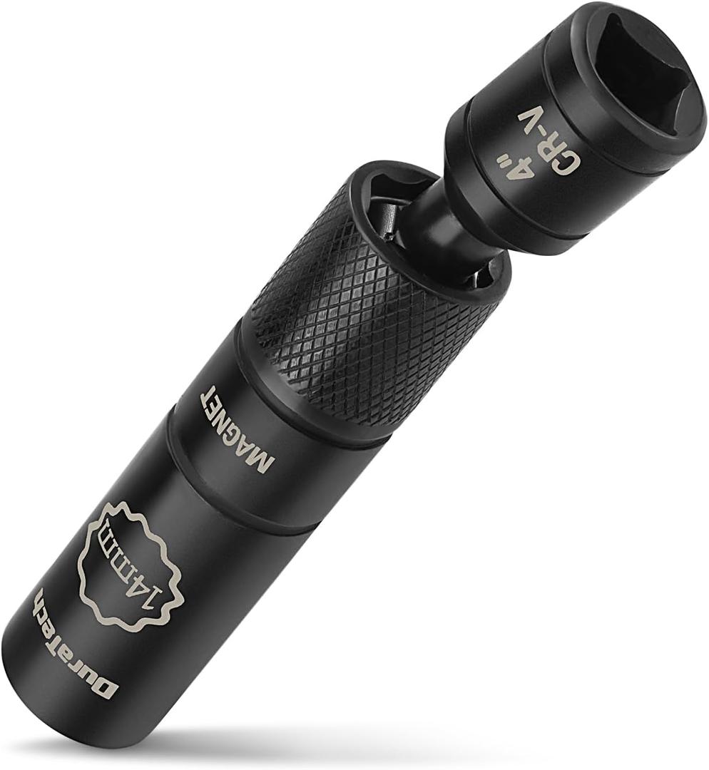 DURATECH 14mm Swivel Magnetic Spark Plug Socket, 1MM Thin Wall Spark Plugs Socket with 12-Point, Enhanced Magnetic Head & Manganese Phosphate Coating, 3/8" Drive x 4" Total Length, Cr-V Steel Made