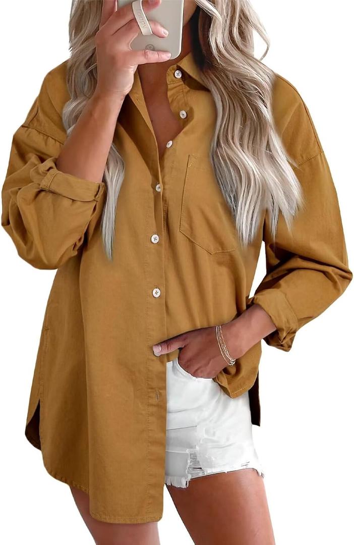 Astylish Women Denim Shirts Button Down Blouse V Neck Casual Tops (Small)