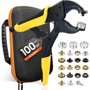Heavy Duty Snap Fastener Tool kit, Punching Function, Snap Button Tool with Adjustable Setter, 15mm snap Tool with 100 Sets Boat Cover Snaps (Yellow)