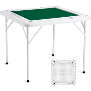 VEVOR Mahjong Table, 4 Player Folding Domino Table with Wear-Resistant Green Tabletop, Portable Square Card Table with 4 Cup Holders & 4 Chip Trays for Mahjong Poker Puzzles, 35.4 x 35.4-inch