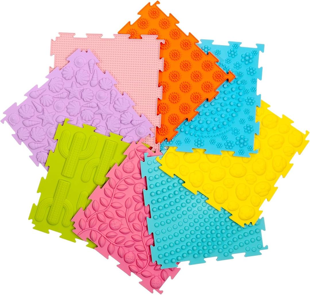 8 Pcs Sensory Mats, Sensory Tiles Puzzle Floor Mat for Kids Sensory Room ItemsDifferent Patterns and Colors - Silicone Massage Orthopedic Mat for Children with Autism