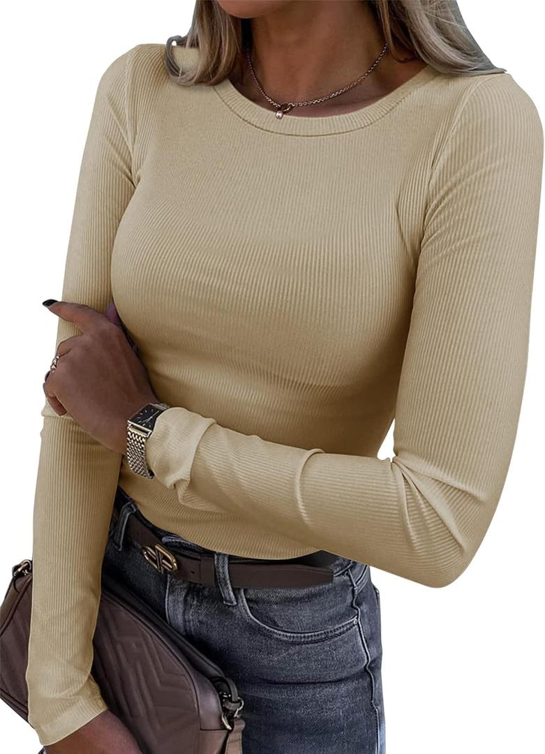 Roselux Womens Long Sleeve Stretch Crewneck Ribbed T-Shirt Fitted Casual Basic Tops (Medium, Beige)