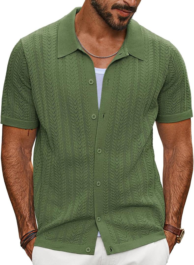 PJ PAUL JONES Mens Knit Button Down Shirts Vintage Short Sleeve Casual Polo Shirt Regular Fit Beach Top, Army Green, Medium