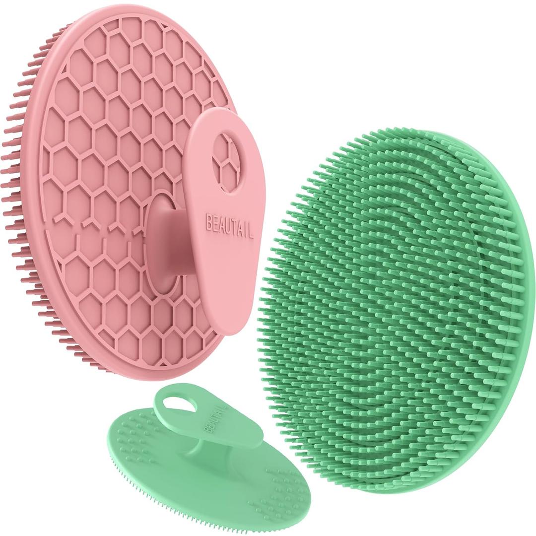 Silicone Body and Face Scrubber Set 3 Pack, BEAUTAIL Shower Bath Scrubber, Gentle Exfoliating Brush for Women Men Baby Sensitive Skin, More Hygienic Than Traditional Loofah, Long Lasting, Pink+Green