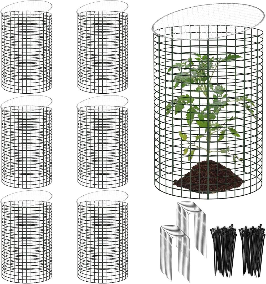 6 Sets of 18'' x 12'' Garden Plant Protectors from Animals with Detachable Covers Metal Plant Cage Chicken Wire Cloche with Ground Stakes and Nylon Tie Wire Plant Cage to Keeping Bunny Animals Out