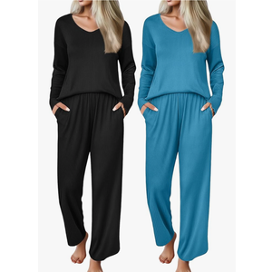 Ekouaer 2 Pack：Womens Ribbed Knit Pajama Set with Pockets Long Sleeve PJs V Neck Soft Loungewear Loose Matching Outfits Set Black and Lake Blue S