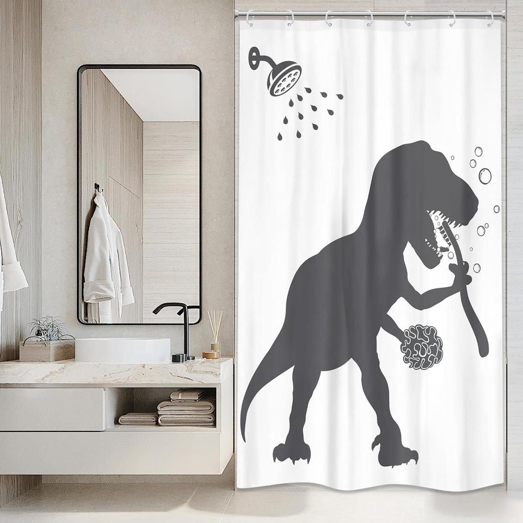 LGhtyro Small Stall Funny Dinosaur Shower Curtain Bathroom Set 36Wx71H Inches Cartoon Kids Dino Silhouette Animal Shadow Black White Bath Accessories for Teens Boy Art Home Decor Fabric 7 Pack Hooks