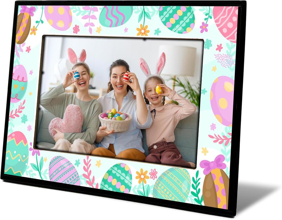 Easter Picture Frame, Easter Gifts for Friends, Colorful Easter Egg Decor, Wooden Spring Floral Easter Egg 4x6 Photo Frame, Easter Party Supplies Favor-B05