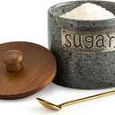 LYEOBOH Sugar Bowl with Lid and Spoon, Sugar Jar Porcelain Salt Bowl with Wood Lid and Stainless Steel Spoon,Ceramic Sugar Bowl 15oz Coffee Canister Kitchen Decor, Grey