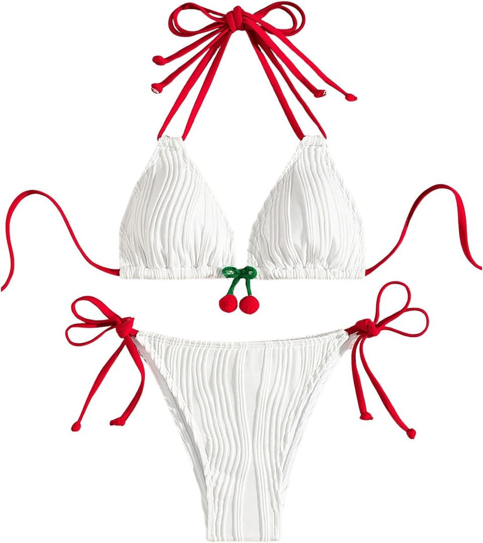 Verdusa Women's 2 Piece 3D Cherry Color Block Bikini Sets Halter Neck Tie Cute Swimsuit Bathing Suit (White) S