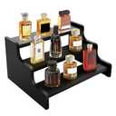 KISENG Wooden Cologne Organizer for Men, Cologne Stand with Anti-Slip Washers, Wooden Display Risers Stand for Figures, Fragrances, Dessert, Cupcake, Makeup (Black, 3-tier-9.4in)