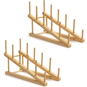 HBlife Bamboo Wooden Dish Drying Rack, 2 PCS Plate/Dish/Book/File/Bowl/Cup/Cutting Board/Pot Lid Organizer for Kitchen Counter, Office, Display Cabinet