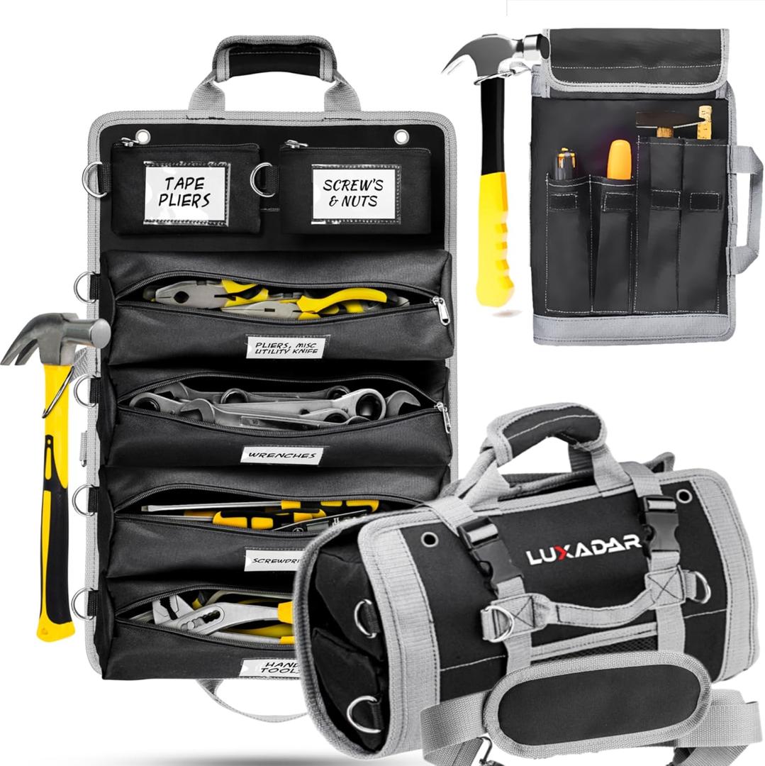 Updated Tool Roll Up Tool Bag Organizer, Name Tags, Advansed Features, Heavy Duty Tool Roll Bag Organizer, Mens Gifts For Him Motorcycle Mechanic & Electrician LUXADAR (6 Detachable Pouches)