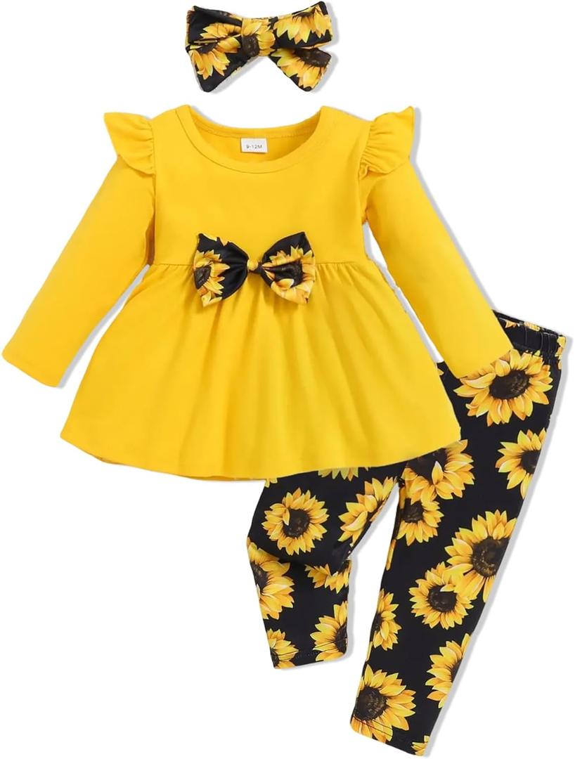 Doresbebe Baby Girl Clothes Toddler Girl Outfits Infant Girl Summer Clothes for Girl Ruffle Shirt Pants+Cute Headband 3PCS (Yellow-sfl)
