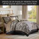 Madison Park Aubrey Cozy Comforter Set, Faux Silk Jacquard Paisley Design - All Season Down Alternative Bedding with Cotton Bed Sheets, Bed Skirt & Toss Pillows, Queen Black 12 Piece