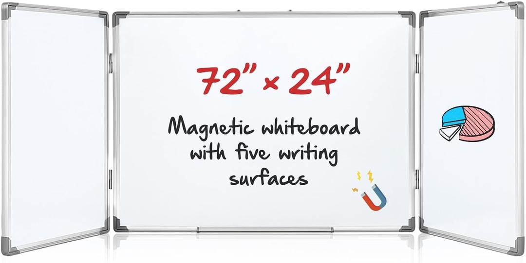 AmazingSpark 72" x 24" Foldable Whiteboard Dry Erase Board Large Tri Folding Whiteboard Magnetic Dry Erase Board, Wall Aluminium Frame and Flip Out Pen Tray for Office, Home