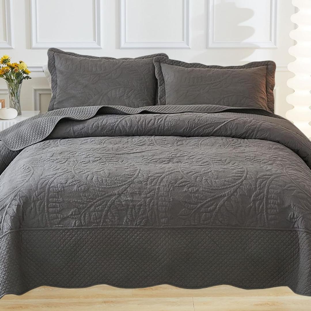 MarCielo 3-Piece 100% Cotton Oversized Bedspread Lightweight Quilt Coverlet Embroidery Farmhouse Bedding Set T0 (Dark Grey, (128"x120"))