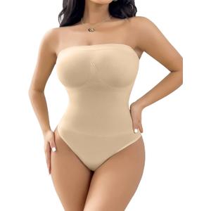Women's Strapless Shapewear Bodysuit Tummy Control Seamless Sculpted Body Shaper with Removable Straps (Large, Thong-1-skin)