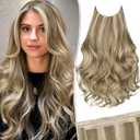 KooKaStyle Invisible Wire Hair Extensions Long Wavy Layered Synthetic Hairpieces with Transparent Wire Adjustable Size 6 Secure Clips Light Blonde Mixed Bleach Blonde for Women 20 Inch