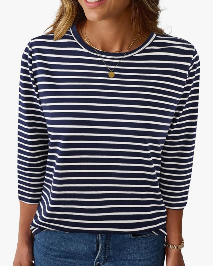 LilyCoco Womens 3/4 Length Sleeve Tops Striped Boatneck Shirt Breton French Cotton Tees Size M