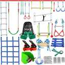 Ninja Warrior Obstacle Course for Kids Backyard - 250ft Slackline Kit with 10 Most Complete Accessories for Boys & Girls, Swing, Rope Ladder, Gymnastic Ring, Climbing Net, Arm Trainer and Monkey Fist, 2x50FT + 10 attachments