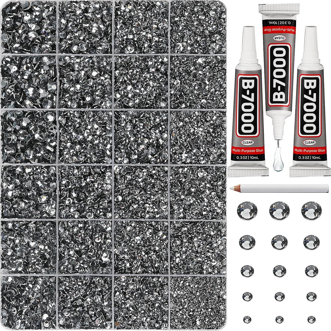 33000Pcs Grey Rhinestones for Bedazzling, Bedazzler Kit with Flatback Craft Rhinestones Gray Bulk and B7000 Glue, 2,3,4,5,6mm Resin Flat Back Crystals for Craftings, Crafts, Clothes, Shoes, Nails