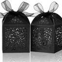 COTOPHER 100Pcs Laser Cut Favor Boxes, 2x2x2.75in Small Gift Boxes for Presents, Party Wedding Favors Boxes with Ribbon, Mini Candy Boxes for Event Bridal Shower Anniversary Birthday Christmas, Black